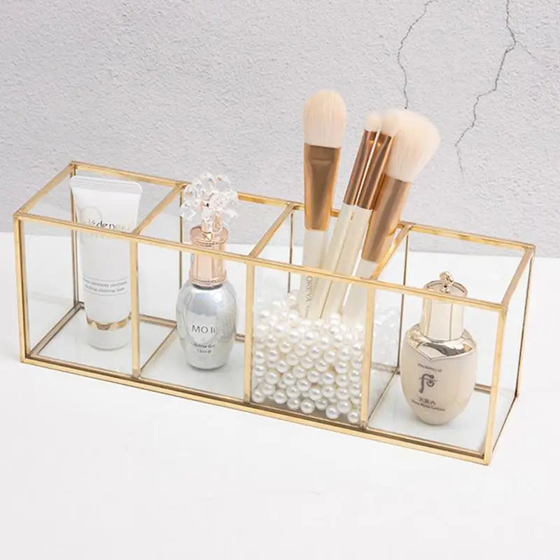 Transparent Glass Makeup Brush Storage Box Gold Cosmetics Container Ring Pencil Lipstick  Make Up Brushes Organizer