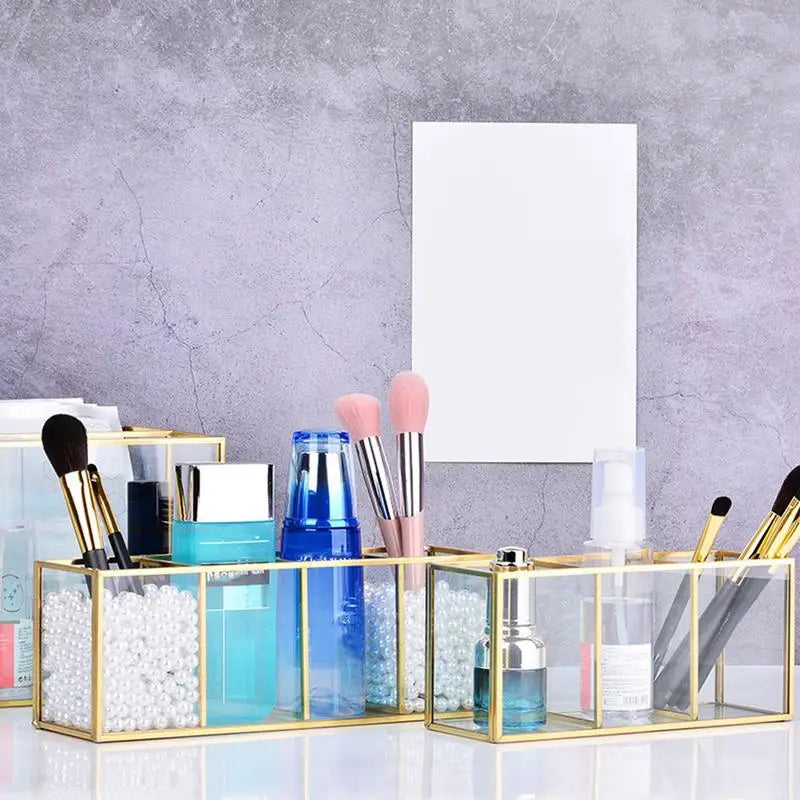 Transparent Glass Makeup Brush Storage Box Gold Cosmetics Container Ring Pencil Lipstick  Make Up Brushes Organizer