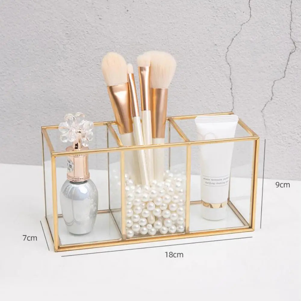 Transparent Glass Makeup Brush Storage Box Gold Cosmetics Container Ring Pencil Lipstick  Make Up Brushes Organizer